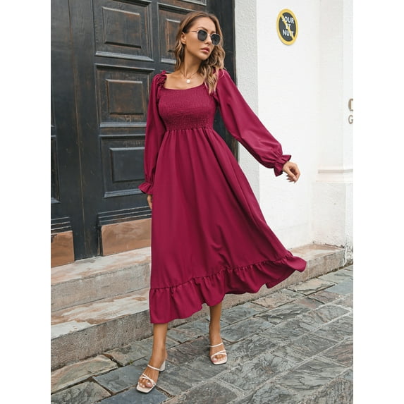 Uniexcosm Women's Maxi Dress Long Sleeve Ruffled Flowy Pleated Cocktail Party Midi Dress