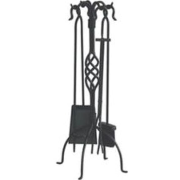 Uniflame 5 Piece Black Wrought Iron Fireplace Tools Set with Center Weave