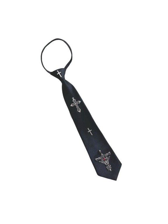 Uniform Black Ties for Senior High School Girl Uniform Pre-tied Preepy Look Adjustable Neck Ties with Metal Crosses