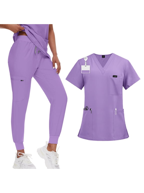 Uniform De Enfermera De Mujer,Medical Scrub Set V Neck Short Sleeve Top with 3 Pockets Elastic Cuff Pants Moisture Wicking Healthcare Uniform - Light Purple - M