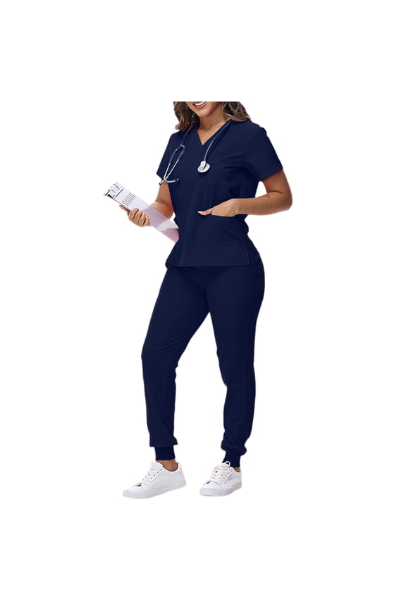 Uniform De Enfermera De Mujer,Scrubs Set for Women Nurse Uniform V-Neck Top and Drawstring Jogger Pants with Multi Pocket Nurse Workwear - Navy - M