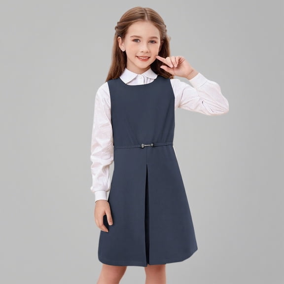 Uniform Dress Cute Pleated Knee Length Sleeveless Navy Uniform Jumper Dress for Girls 14-15 Years