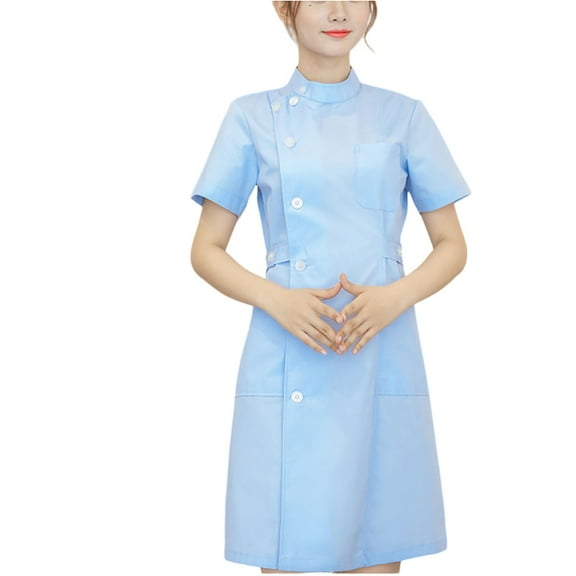 Uniform Dress Women's Fashion Bias Lapel Standing Neck Short Sleeve Solid Color Medical Work Dress,Blue L