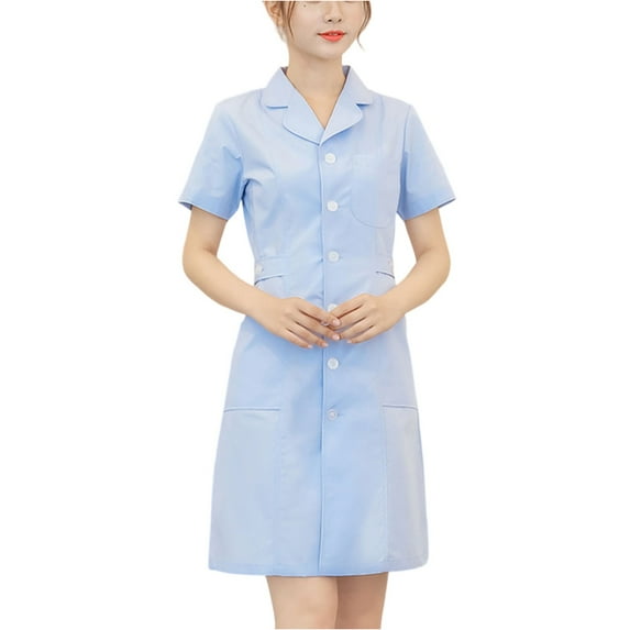 Uniform Dress Women's Fashion Round Neck Short Sleeve Solid Color Work Dress for Medical Nursing Wear,Blue L