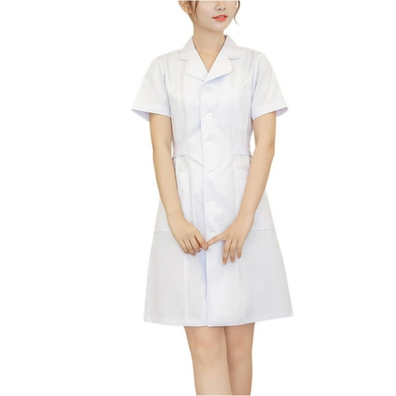 Uniform Dress Women's Fashion Round Neck Short Sleeve Solid Color Work Dress for Medical Nursing Wear,White S