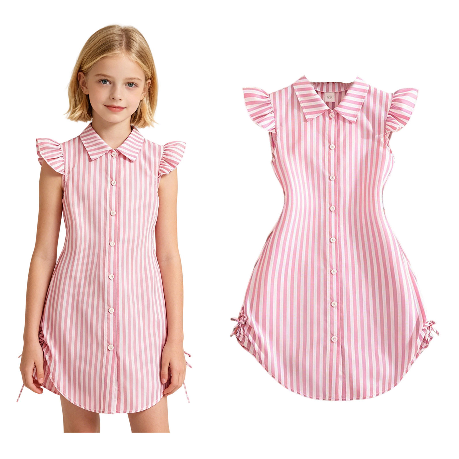 Uniform Dress for Girls Flutter Ruffle Sleeve Shirtdress A-Line Girls Summer Dresses 9-10 Years