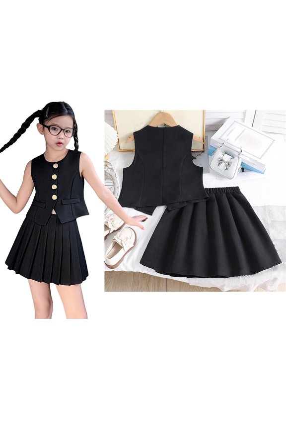 Uniform Dresses for Girls 2 Piece Sleeveless Button Vest Tops A Line Pleated Skirt Set Girls Mini Skirt 9-10 Years
