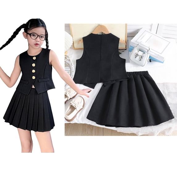 Uniform Dresses for Girls 2 Piece Sleeveless Button Vest Tops A Line Pleated Skirt Set Girls Mini Skirt 9-10 Years