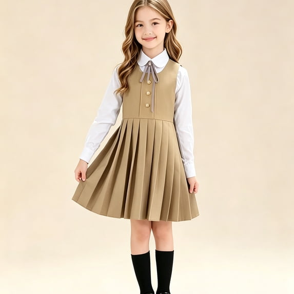 Uniform Dresses for Girls Sleeveless Back To School Jumper Dress Crew Neck A-Line Girls Fashion Pleated Dress Khaki