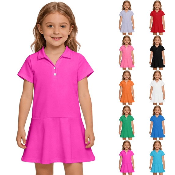 Uniform Dresses for Girls Summer Short Sleeve Athletic Tennis Polo Dress A-Line Twirl Back to School Dress Hot Pink 140