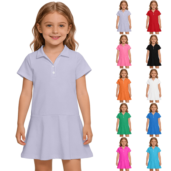 Uniform Dresses for Girls Summer Short Sleeve Athletic Tennis Polo Dress A-Line Twirl Back to School Dress Light Purple 120