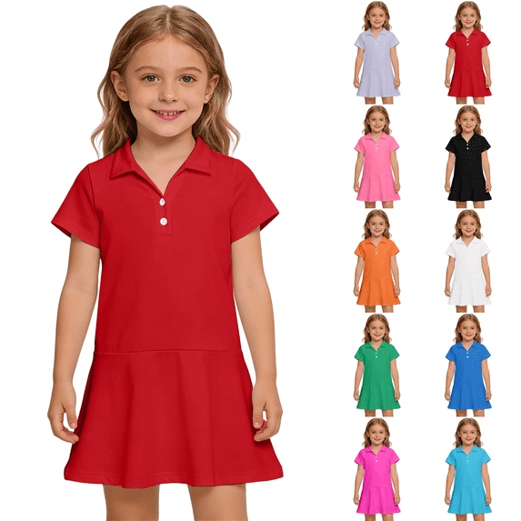 Uniform Dresses for Girls Summer Short Sleeve Athletic Tennis Polo Dress A-Line Twirl Back to School Dress Red 110