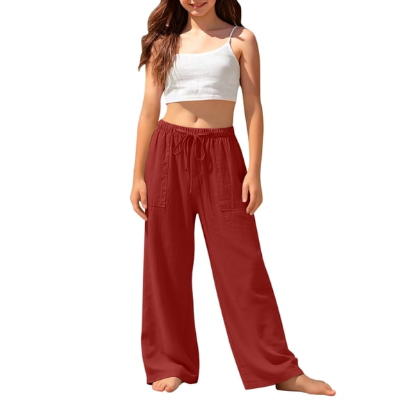 Uniform Pants For Girls Solid Color Straight Leg For Kids Trousers With Elastic Waist Casual Loose Fit Athletic Pants Size 12-13T