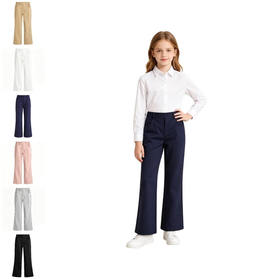 Uniform Pants Girls Dress Pants Adjustable Waist Flare Leg Pants with Pockets Kids Navy Pants Back To School Clothes 13-14 Years