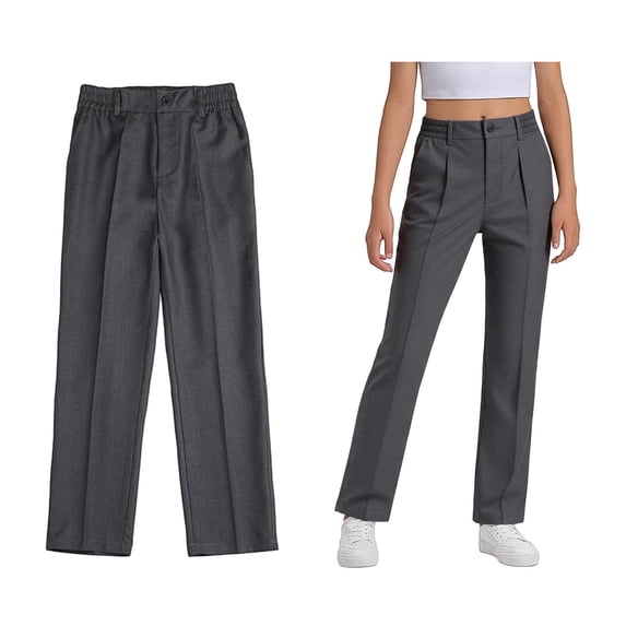 Uniform Pants for Girls Dress Pants Elastic Waist Skinny Pants with Pockets Girls Grey Uniform Pants Back To School Straight Fit Fashion Clothes 9-10 Years