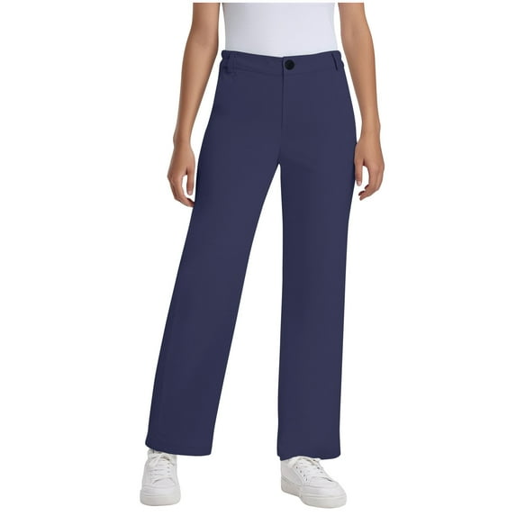 Uniform Pants Girls, Tween Girls High Waisted Solid Color Dressy Pants, Stretchy Casual Straight Leg Trousers with Pockets Ladies Trousers Pants Summer Blue 140