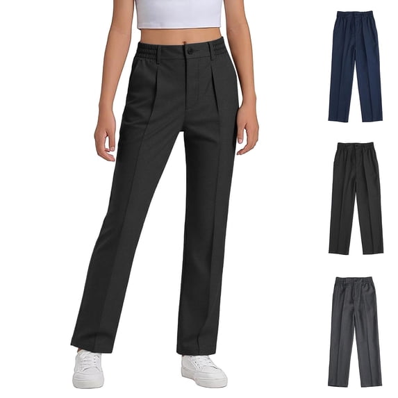 Uniform Pants for Boys Elastic Waist Straight Leg Slim Fit Unisex Black School Pants for Girls Boys Back to School Clothes Size 4-18 Years