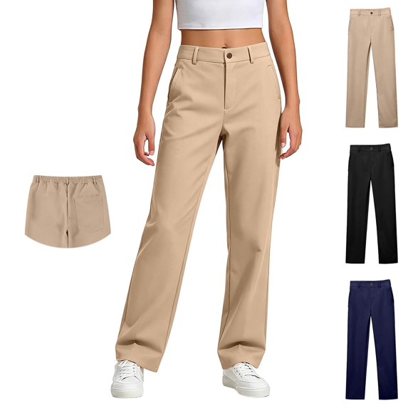 Uniform Pants for Boys Elastic Waist Straight Leg Slim Fit Unisex Khaki Uniform Pants Girls Back to School Clothes Size 4-18 Years