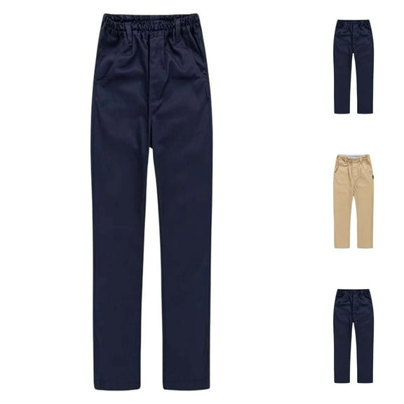 Uniform Pants for Boys Straight Leg Elastic Waist Dressy Pants for School Solid Color Casual Comfortable Cotton Kids Trousers Navy