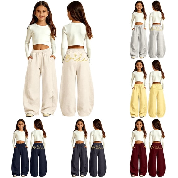 Uniform Pants for Girls Casual Fashion Printed Curved Leg Pants for Everyday Elastic Waist and Soft Comfort in Kids Apparel Beige 12-13 Years