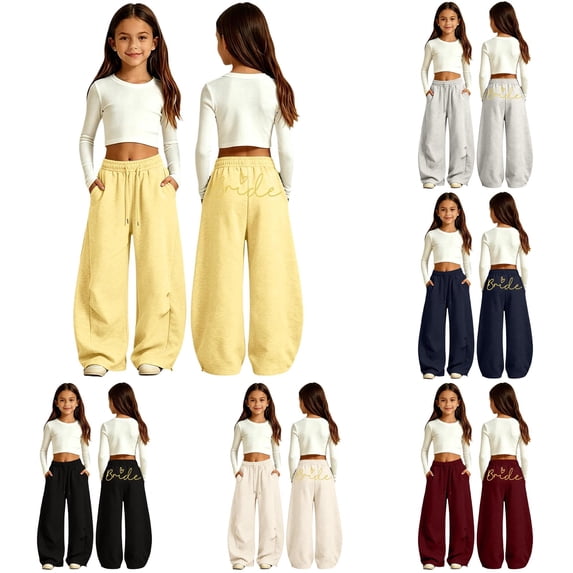 Uniform Pants for Girls Casual Fashion Printed Curved Leg Pants for Everyday Elastic Waist and Soft Comfort in Kids Apparel Yellow 10-11 Years