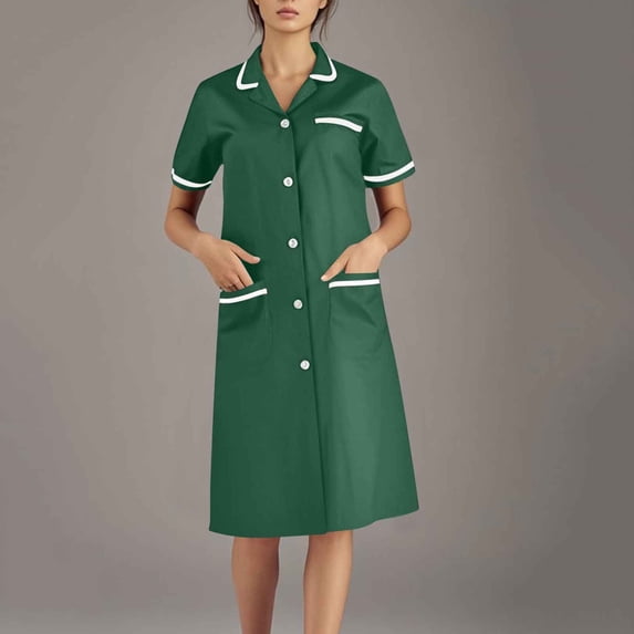 Uniform Scrub Dresses for Women Short Sleeve Button Down Cardigan Midi Dress Scrubs Nurse Shirts for Women for Work Custom Scrubs with Pockets, Green 2XL