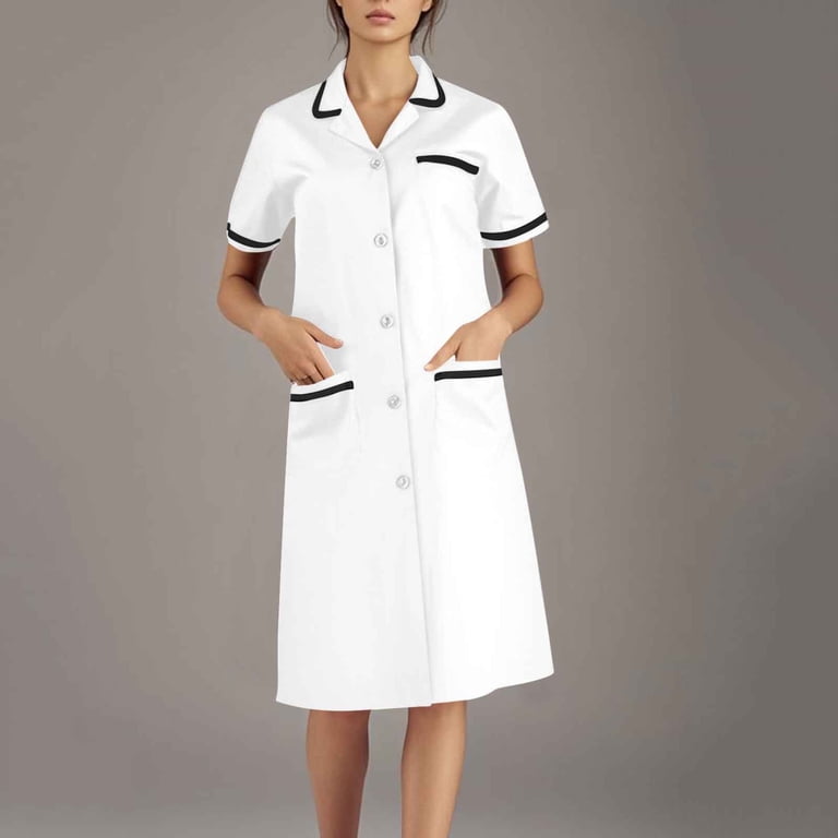 Uniform Scrub Dresses for Women Short Sleeve Button Down Cardigan Midi Dress Scrubs Nurse Shirts for Women for Work Custom Scrubs with Pockets, White