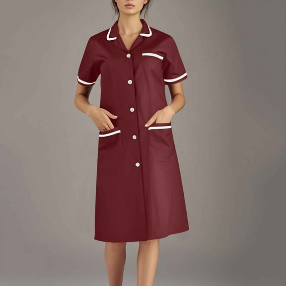 Uniform Scrub Dresses for Women Short Sleeve Button Down Cardigan Midi Dress Scrubs Nurse Shirts for Women for Work Custom Scrubs with Pockets, Wine S