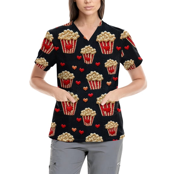 Uniform Scrubs For Women,Women's Fashion V-Neck Nursing Top Valentine's Day Print Short-Sleeve Nursing Scrub Top with Pockets - Black - XL