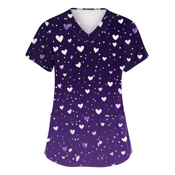 Uniform Scrubs For Women,Women's Fashion V-Neck Short-Sleeve Workwear with Pockets Valentine's Day Printed Top Nursing Scrub Top - Purple - S