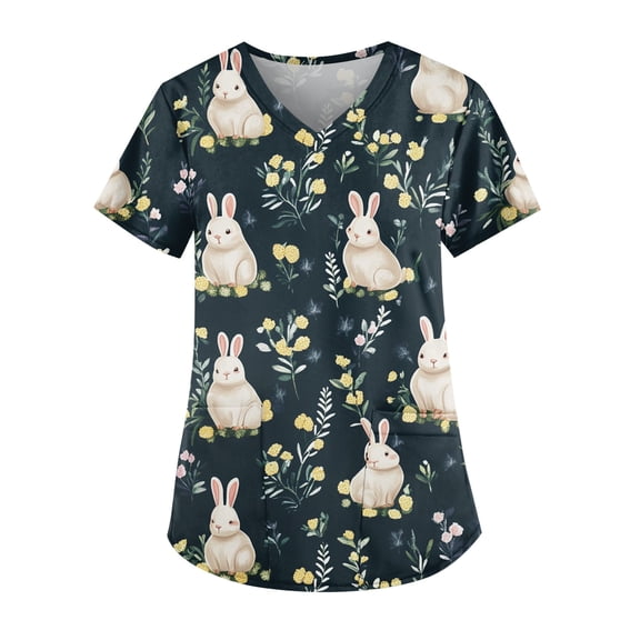 Uniform Scrubs For Women,Scrub Tops for Women Medical Workwear Stretch Fashion Funny Easter Printed Plus Size Short Sleeve Nursing Uniform Scrub Tops,Navy,L