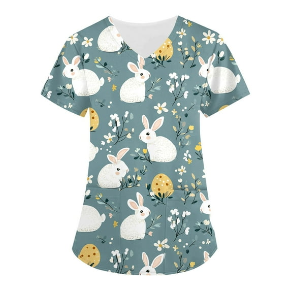 Uniform Scrubs For Women,Scrubs for Women 2026 Easter Bunny Eggs Print Tops for Women V Neck Stretchy Short Sleeve Nursing Shirts with Pockets,Cyan,XXL