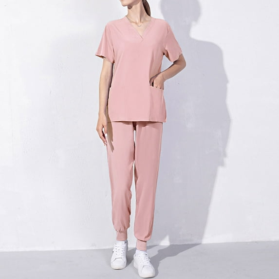Uniform Scrubs Women Kojanyu Women Fashion Solid Pocket V-Neck Short Sleeve Blouse Long Pants Nursing Uniform Sets Pink (XL)