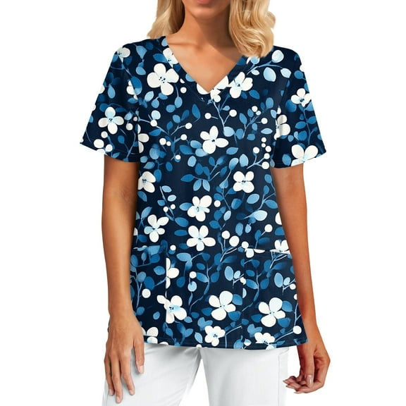 Uniform Scrubs for Women,Fashion Scrubs Tops Short Sleeve with 2 Pockets - Lightweight Medical Uniform Blouse for Healthcare - Dark Blue - S