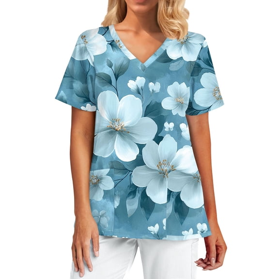 Uniform Scrubs for Women,Fashion Scrubs Tops Short Sleeve with 2 Pockets - Lightweight Medical Uniform Blouse for Healthcare - Royal Blue - M