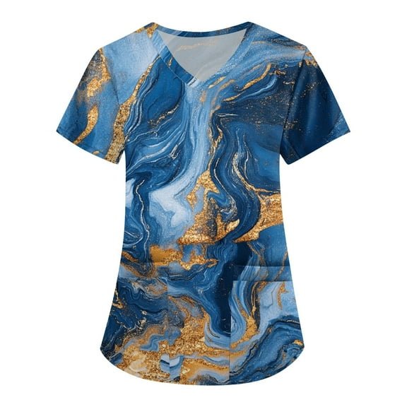 Uniform Scrubs for Women,Floral Print Medical Tops - Moisture-Wicking V-Neck Scrub Top with Cargo Pockets - Royal Blue - M