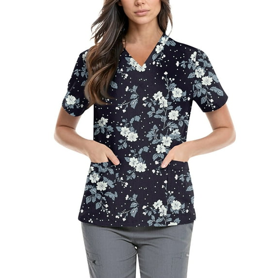 Uniform Scrubs for Women,Floral Print Scrub Tops - Side Pocket Design for Nurses & Healthcare Workers - Navy - XXL
