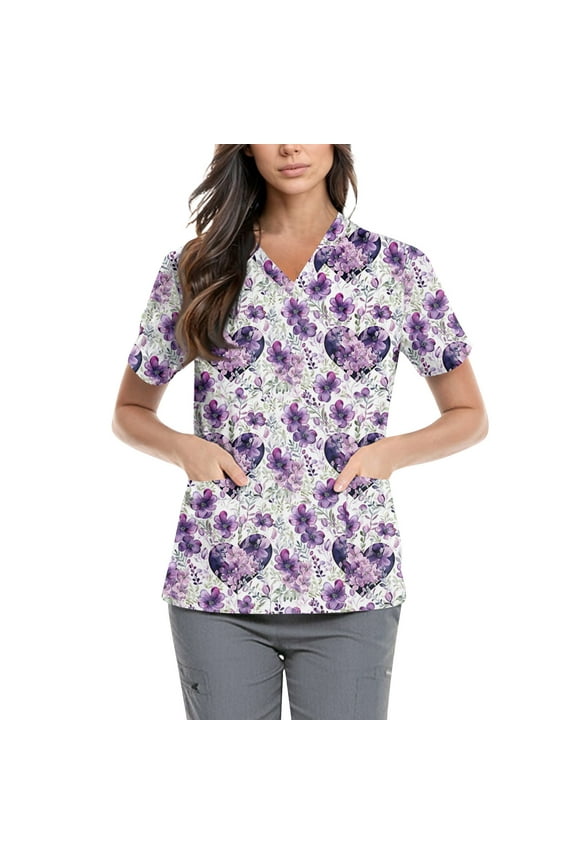 Uniform Scrubs for Women,Floral Print Scrub Tops - Side Pocket Design for Nurses & Healthcare Workers - Purple - L