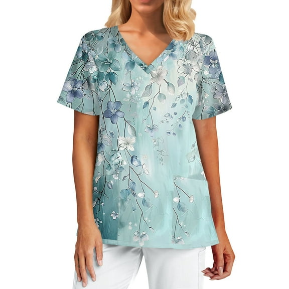 Uniform Scrubs for Women,Scrub Tops Womens with Pocket - Antimicrobial Short Sleeve Medical Uniform Top for Clinics - Cyan - S
