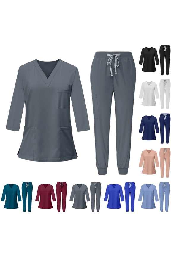 Uniform Scrubs for Women Set – Natural Stretch Ultra Soft V-Neck 3/4 Sleeve Top & Drawstring Cargo Jogger Pants with Multi Pockets, #03 Dark Gray, S