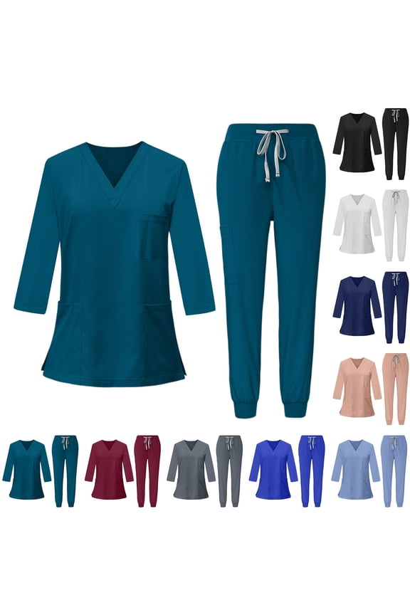Uniform Scrubs for Women Set – Natural Stretch Ultra Soft V-Neck 3/4 Sleeve Top & Drawstring Cargo Jogger Pants with Multi Pockets, #03 Turquoise, XL