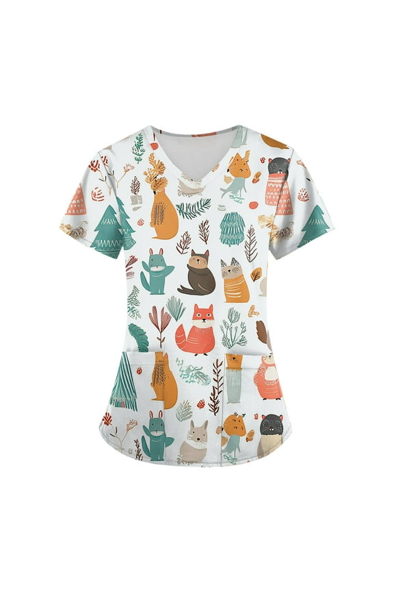 Uniform Scrubs for Women,V-Neck Scrub Tops with Animal Pattern - Wrinkle-Resistant Nursing Uniform with Pockets - Beige - XL