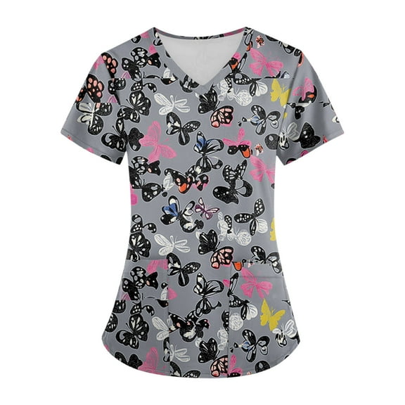 Uniform Scrubs for Women,V-Neck Scrub Tops with Animal Pattern - Wrinkle-Resistant Nursing Uniform with Pockets - Dark Gray - S