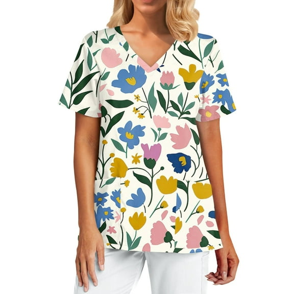 Uniform Scrubs for Women,Women's Classic Fit Scrubs Tops - Side Slits Short Sleeve V-Neck with Chest Pockets - Pink - XXL