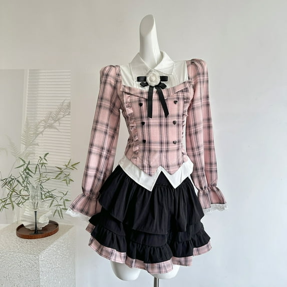 Uniform Set Women College Pink Plaid Shirt Top + Pleated Short Skirt Y2K Suits Female Sweet Lolita Set