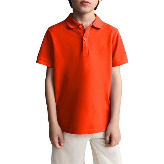 Uniform Shirts for Boys Short Sleeve Polo School Uniform, Button Closure, Moisture Wicking & Comfortable Fit​ Orange Size 130