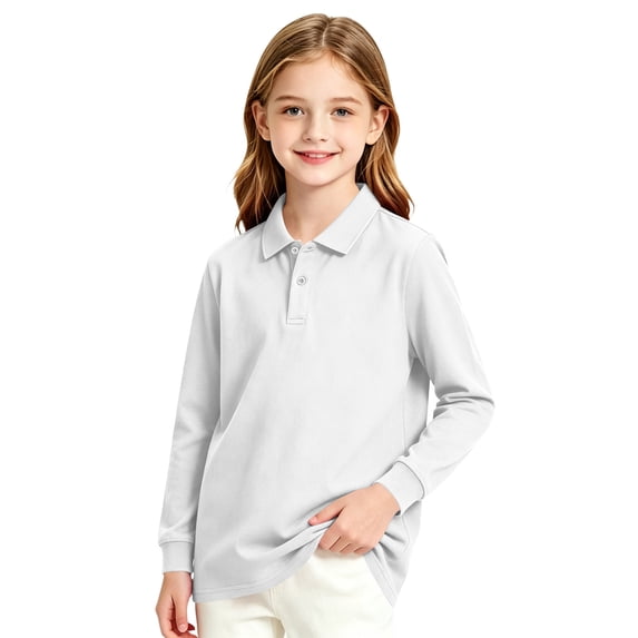 Uniform Shirts for Girls 10-12 Long Sleeve Pique Polo Shirt with Collar Button Down Kids Uniforms for Girls Moisture-Wicking Classic Girls Top