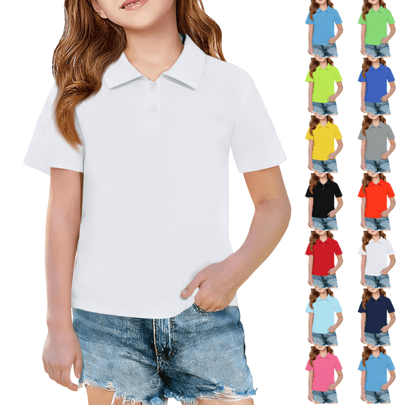 Uniform Shirts for Girls Polo Shirt Summer Short Sleeve Collared Tops Daily Casual Solid School Clothes for Girls White 110