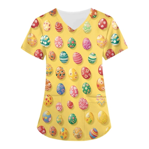Uniform Tops,Easter Scrub Tops Women Bunny Egg Hunt Print Scrubs Short Sleeve Holiday Working Uniform with Pockets,Yellow,XL