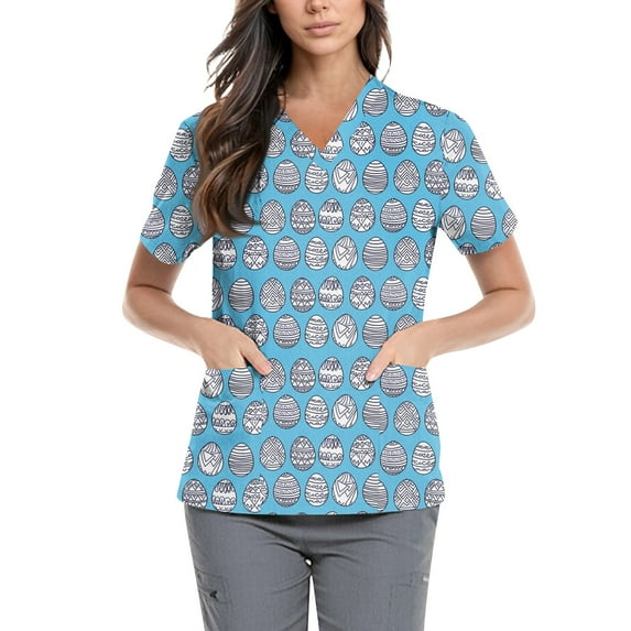 Uniform Tops,Easter Scrub Tops Women Bunny Egg Hunt Print Short Sleeve V Neck Stretchy Holiday Nurse Working Uniform Scrubs Sets,Blue,S